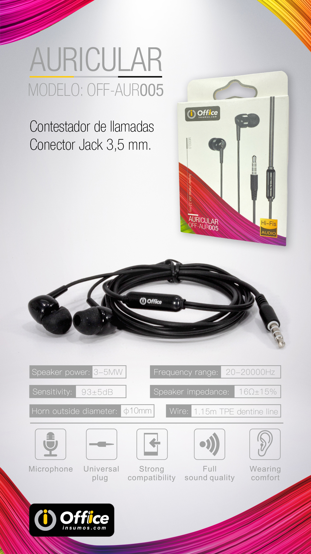 AURICULAR IN EAR PLUG 3.5 OFF-AUR005 NEGRO MANOS LIBRES OFFICE